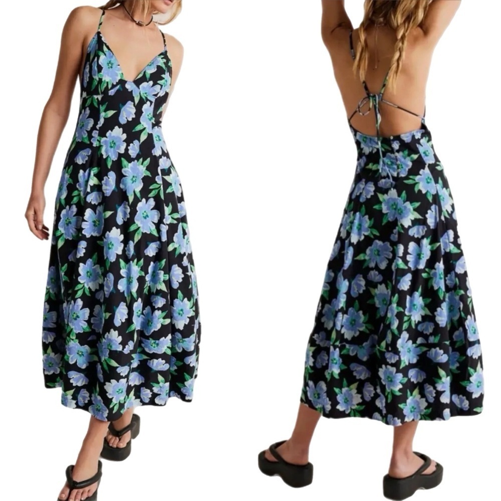 Free People Women’s Finer Things Floral Print A-Line Midi Dress Black Blue Small